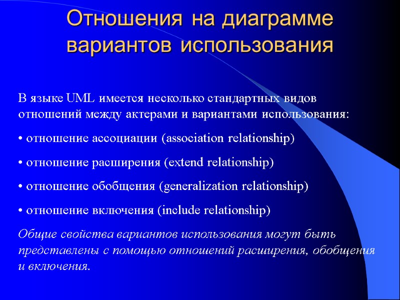 Отношения на диаграмме вариантов использования В языке UML имеется несколько стандартных видов отношений между